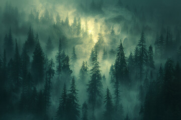 Translucent veils of mist enveloping a forest of abstract forms, shrouding the landscape in an...