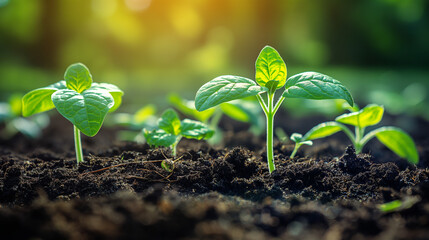 Concept of business growth, profit, development and success. Seedling are growing from the rich soil. - obrazy, fototapety, plakaty