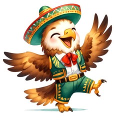 Golden eagle wearing Cinco de Mayo costume dancing watercolor clipart
