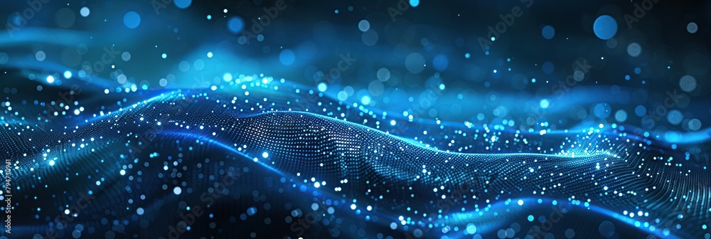 Poster Abstract digital background with blue glowing dots and wavy lines. The wave pattern flow of data technology.