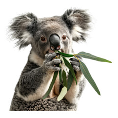Obraz premium Koala Eating an Eucalyptus leave isolated on transparent background