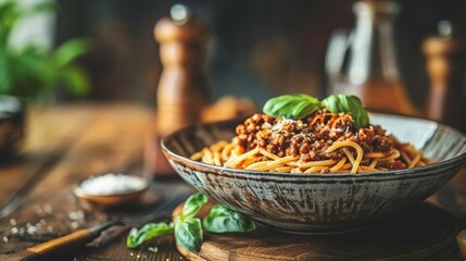 Italian homemade spaghetti Bolognese garnished with fresh basil, served in a rustic bowl.