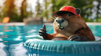 a beaver in a red baseball cap relaxing on a pool float giving thumbs up, summer day