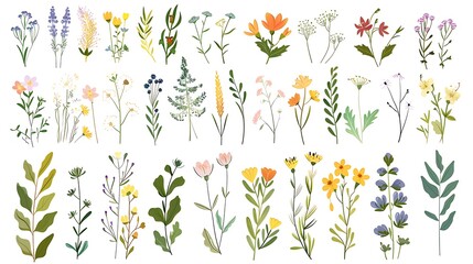 Collection of floral and botanical elements. Set of leaf, foliage wildflowers, plants, bloom, leaves and herb. Hand drawn of blossom spring season vectors for decor, wedding card. Generative Ai - obrazy, fototapety, plakaty