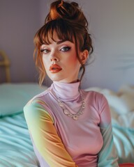 A contemporary portrait of a woman with artistic makeup and an elegant hairstyle, wearing a pastel-colored outfit - obrazy, fototapety, plakaty