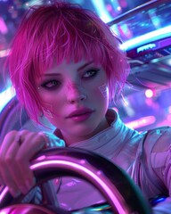 A woman with futuristic styling stands at a neon-lit console, embodying a blend of cyberpunk and high fashion elements - obrazy, fototapety, plakaty