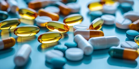 A variety of pharmaceutical pills and capsules spread out over a blue surface, depicting healthcare and medicine.
