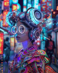 Captivating digital headgear with glowing neon lights set against the bustling city street during the night - obrazy, fototapety, plakaty