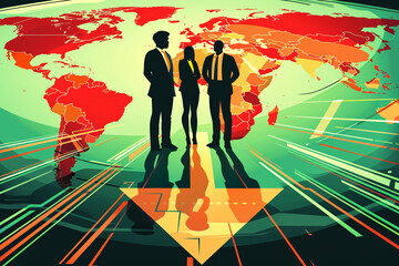 An illustration of diverse business people standing confidently on an upward-pointing arrow, symbolizing growth and success in the corporate world.