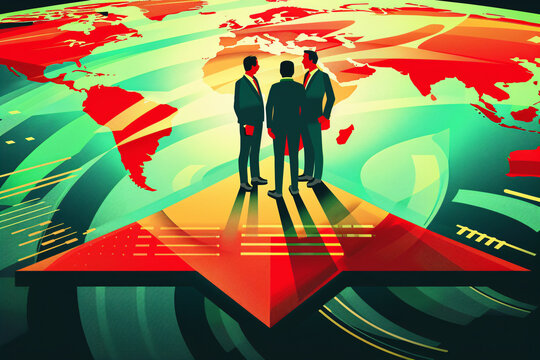 An illustration of diverse business people standing confidently on an upward-pointing arrow, symbolizing growth and success in the corporate world.