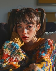Attractive young woman with a vibrant sweater and pigtail hairstyle looking pensively