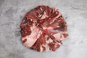 Fresh Raw Fatty Slices Beef Over Gray Background 