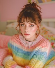 Close-up of a woman with a bun wearing a rainbow sweater, with notable makeup and necklace - obrazy, fototapety, plakaty