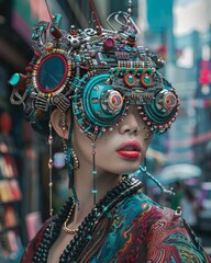 Unique cyberpunk helmet featuring futuristic technology elements, against an urban cityscape backdrop - obrazy, fototapety, plakaty