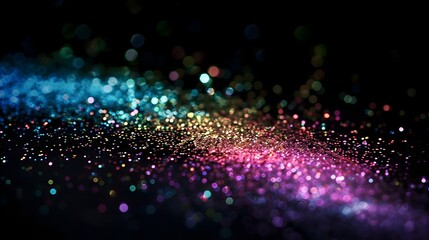 a few rainbow sparkles scattered on a mostly solid black background, abstract, glitter, magical