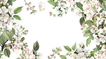 Delicate floral frame. Frame of rosehip flowers, jasmine, branches of apple blossom, white lilac, pink acacia, Lilac flowers and green leaves. Perfect for summer or spring cards. Generative Ai