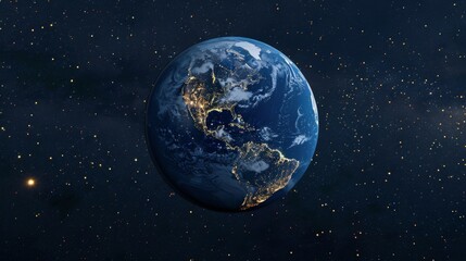 Earth as seen from outer space with a backdrop of stars against the darkness of the universe.