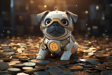 A cute robot dog sits on a pile of gold coins.