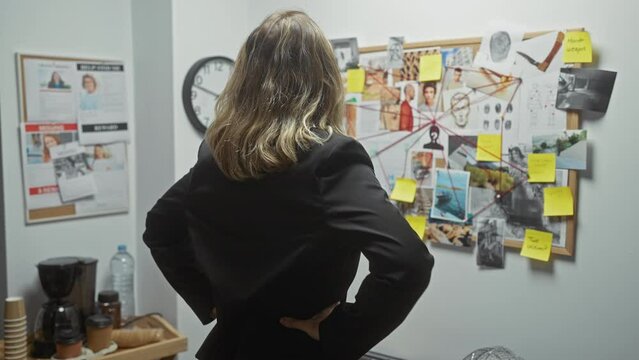 A blonde woman analyzes clues at a detective's crime board in a police department office, exhibiting investigation and mystery