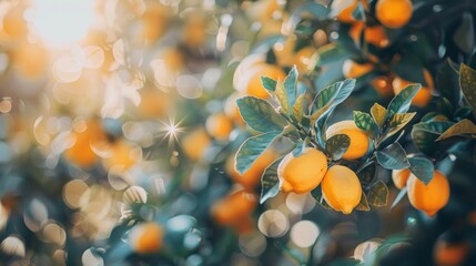 Golden sun rays shining through a lemon tree laden with ripe, yellow lemons. - obrazy, fototapety, plakaty