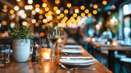 Fine dining table setup in a restaurant with glowing warm bokeh lights.