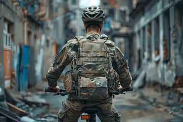 A military man in a bulletproof vest and helmet rides a bicycle. The concept of the army's poverty, insufficient equipment for soldiers.