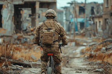 A military man in a bulletproof vest and helmet rides a bicycle. The concept of the army's poverty, insufficient equipment for soldiers. - obrazy, fototapety, plakaty