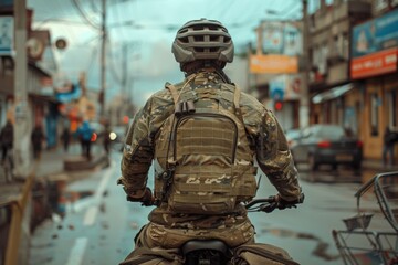 A military man in a bulletproof vest and helmet rides a bicycle. The concept of the army's poverty, insufficient equipment for soldiers.