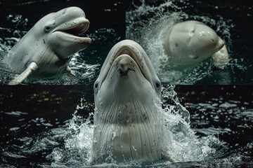 Beautiful beluga whale in its natural habitat from various angles. A photo suitable for a magazine about animals and wildlife

