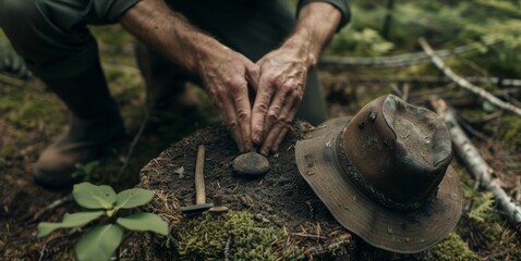 A pair of hands carefully tends to the small garden in the middle of a dense forest. Tools leaned against a tree stump and a worn out hat on the ground suggest the gardener is a rugged .