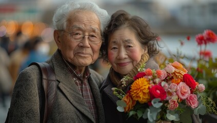 A happy old couple taking photos at the seaside, holding flowers, half body, romantic, Valentine's Day,Joyful Elderly Couple Embracing Love at the Beach with Flowers