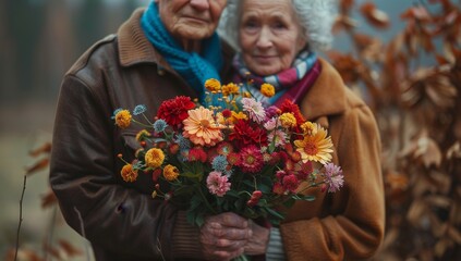 A happy old couple taking photos at the seaside, holding flowers, half body, romantic, Valentine's Day,Joyful Elderly Couple Embracing Love at the Beach with Flowers