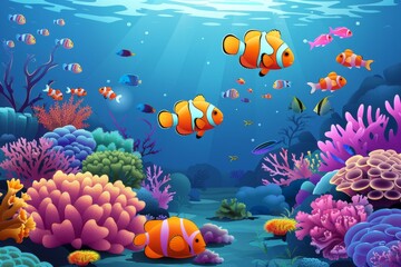 Fototapeta premium An underwater landscape teeming with colorful fish and vibrant corals showcases the mesmerizing beauty of marine life beneath the sea.