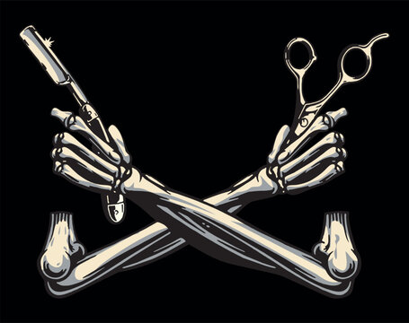 Vector illustration of skeleton arm holding razor and scissors. Art alluding to the barber shop.