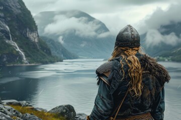 A Viking warrior, seen from behind, dons a helmet against a backdrop of mountains and a tranquil lake, evoking a sense of rugged adventure and Nordic mystique.






