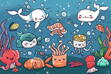 Cartoon cute doodles of sushi characters exploring the ocean depths and encountering underwater creatures, Generative A