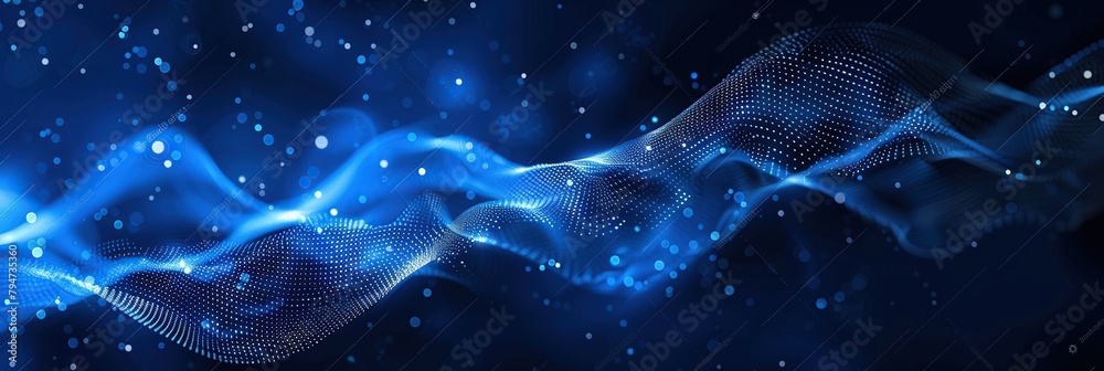 Poster Abstract blue digital background with glowing dots and wavy lines the concept of data technology.