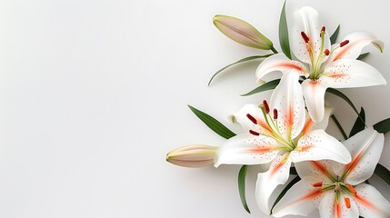 Flat lay composition with beautiful blooming lily flowers on white background, space for text. Generative Ai