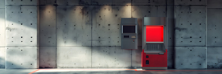 View of ATM in an isolated grey background. - obrazy, fototapety, plakaty