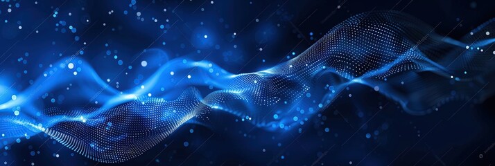 Abstract blue digital background with glowing dots and wavy lines the concept of data technology.