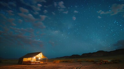 Under the vast and starry desert sky a single tent stands serenely offering a tranquil respite from the chaos of everyday life. 2d flat cartoon.