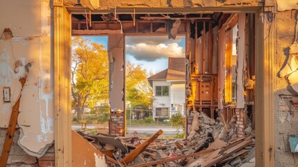 Warm sunlight filters through the windows of a demolished building, overlooking a tranquil residential area at sunset.