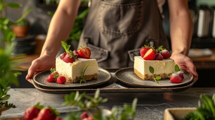 Obraz na płótnie Canvas Two slices of creamy cheesecake topped with fresh strawberries presented on dark plates, garnished with mint.