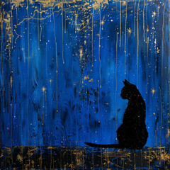 black cat. Blue backdrop enhanced by thin golden lines and textual space abstract