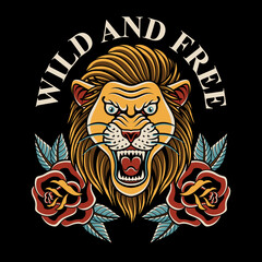 Lion and rose with old school tattoo style