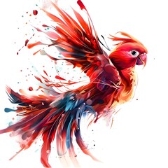 red and yellow macaw flying on white background.