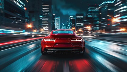 Fototapeta premium A red sports car is speeding down a city street at night by AI generated image