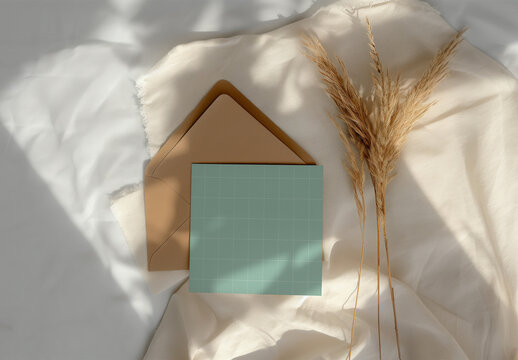 Square Card Mockup With Brown Envelope and Dry Pampas Grass, Generative ai