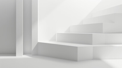 A minimalist white abstract space featuring geometric shapes, a staircase, and columns, offering a...