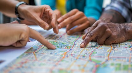 Diverse group of individuals pointing at a detailed map, discussing locations and directions for a trip or project planning